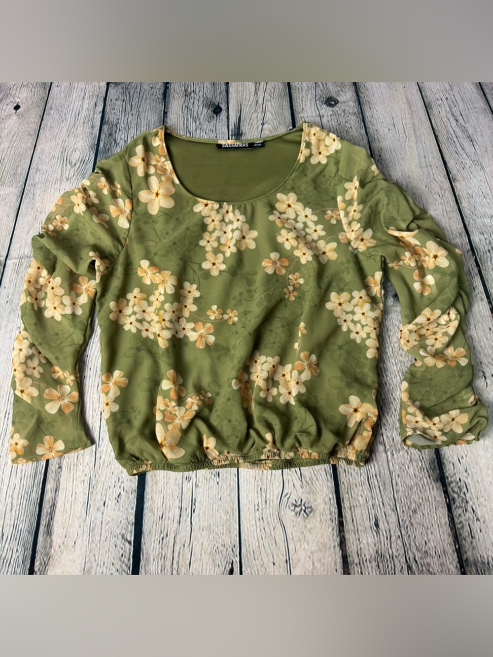 Sassafras Olive Green Floral Rouched Long Sheer Sleeves Fairycore Blouse Sz Med
